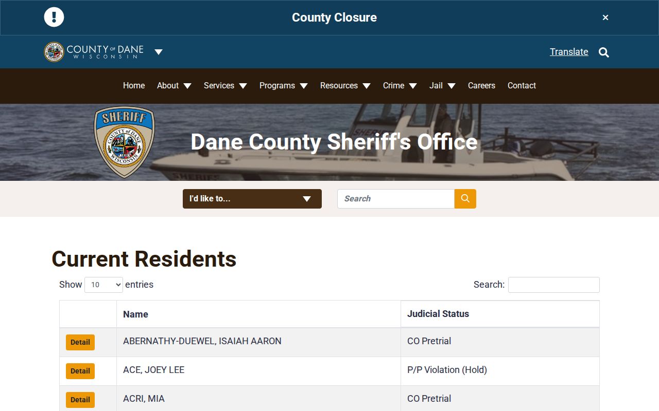 Dane County current residents roster access page