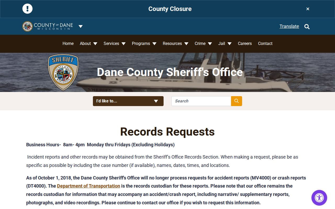 Dane County booking records request source page