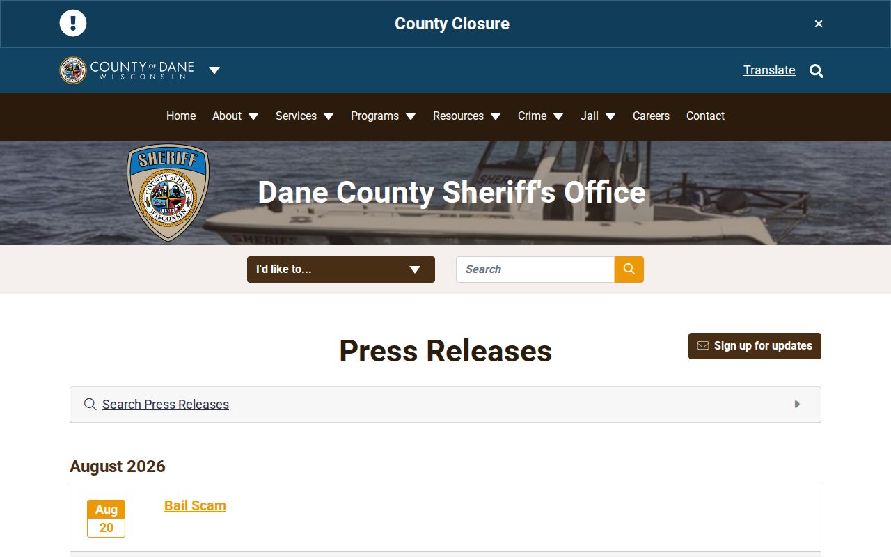 Dane County Sheriff&rsquo;s Office arrest news and press release interface