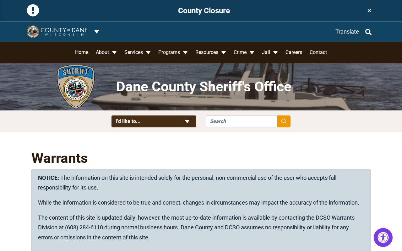 Dane County active warrant notice on the DCSO record interface