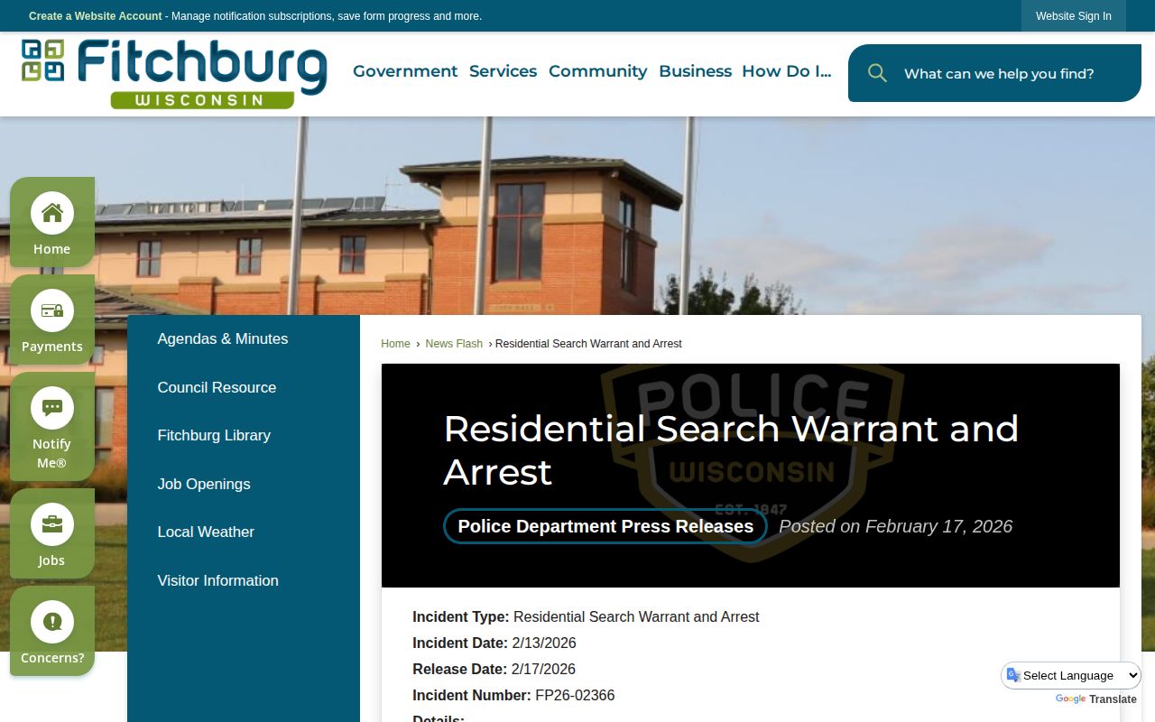 Fitchburg official arrest news flash for Dane County booking record research