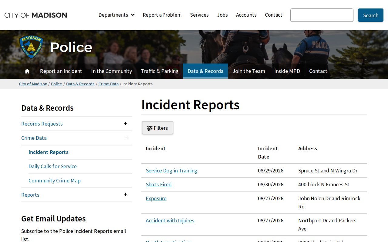 Madison Police incident reports interface for Dane County arrest record research