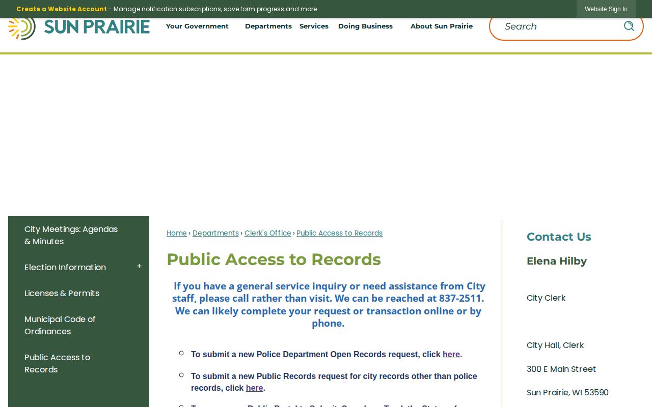 Sun Prairie public access to records page for Dane County arrest record requests